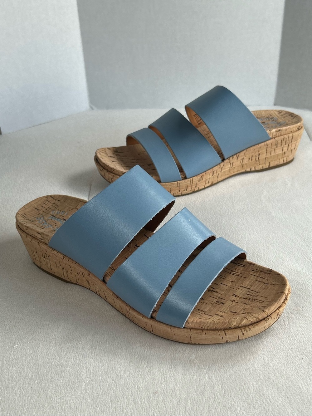 Kork-Ease Menzie Triple-Strap Cork Wedge Slide Sandals Blue Women’s Size 8M